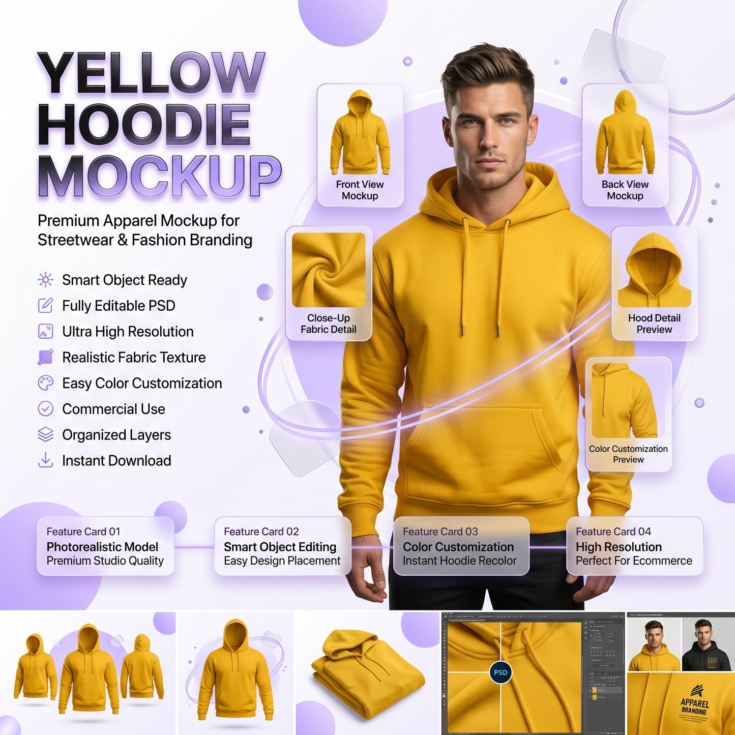 Handsome attractive European muscular man in Yellow hoodie mockup